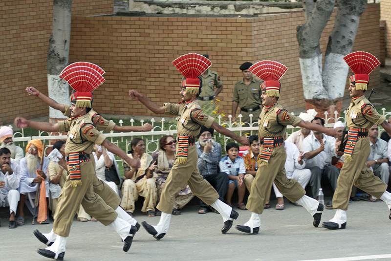 Indian soldiers march at the Wagah border in Amritsar